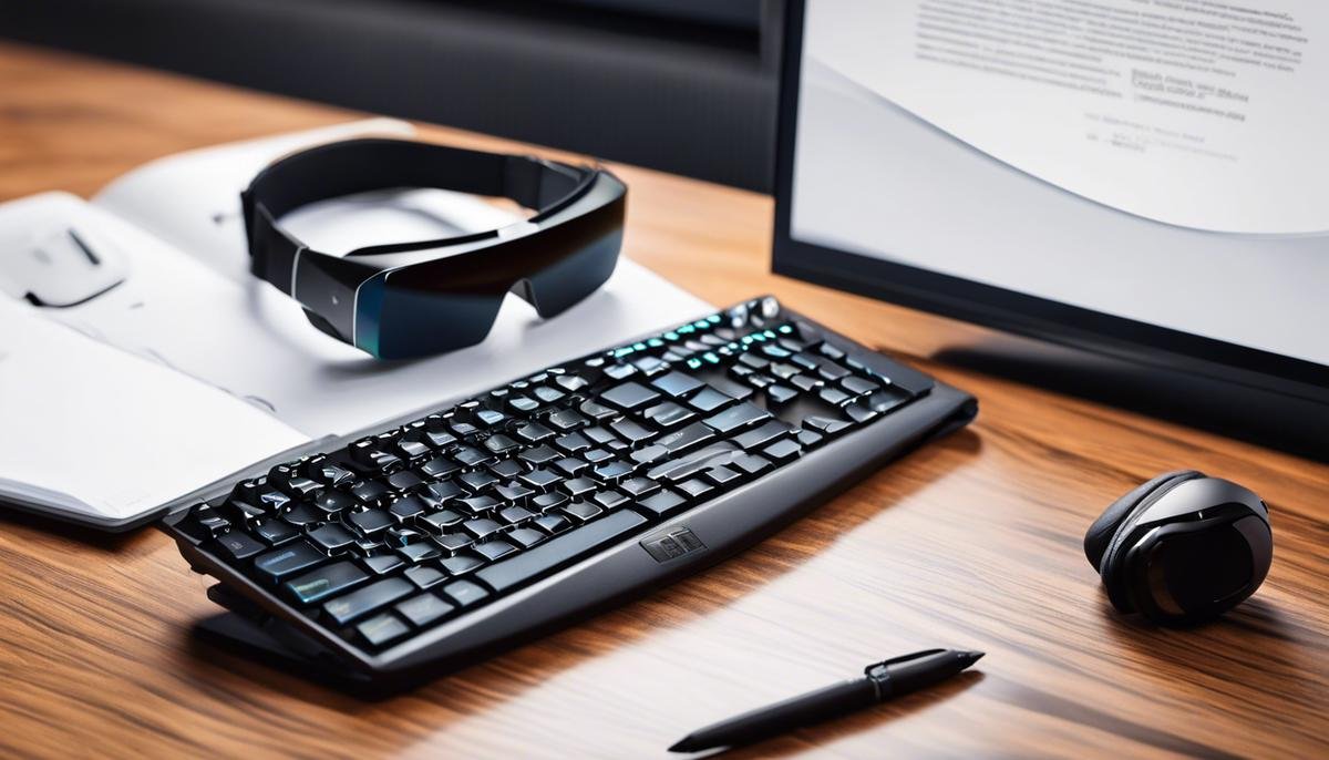 Image description: A graphic representation of a computer keyboard with a pen and a virtual reality headset, symbolizing the intersection of technology and blogging.